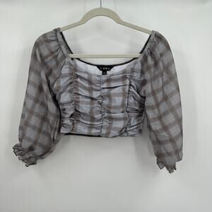 J NNA Women Pullover Top Size M Cropped Milkmaid Plaid Gray Puff Sleeve Festival